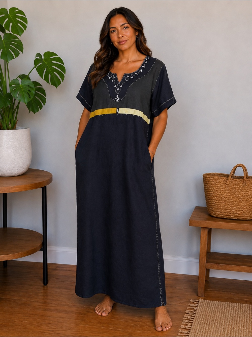 Navy and Olive Embroidered Tunic Kaftan Linen Blend Midi Dress with Gold Accent